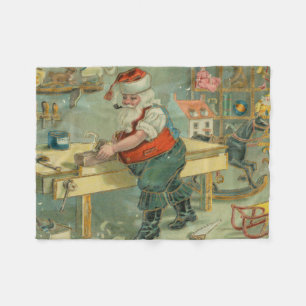 Vintage Christmas Card - Santa in his Workshop Fleece Blanket