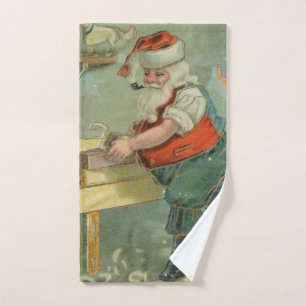 Vintage Christmas Card - Santa in his Workshop Hand Towel