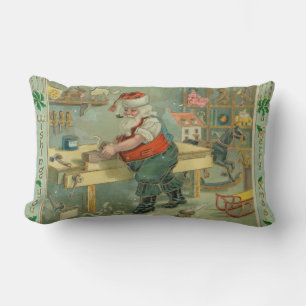 Vintage Christmas Card - Santa in his Workshop Lumbar Cushion
