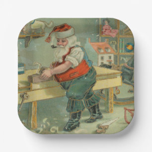 Vintage Christmas Card - Santa in his Workshop Paper Plate