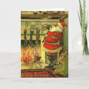 Vintage Christmas Card - Santa, Stockings