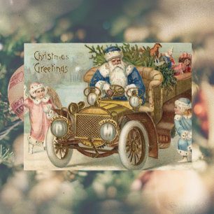 Vintage Christmas Card   Santa vintage car Cherubs
