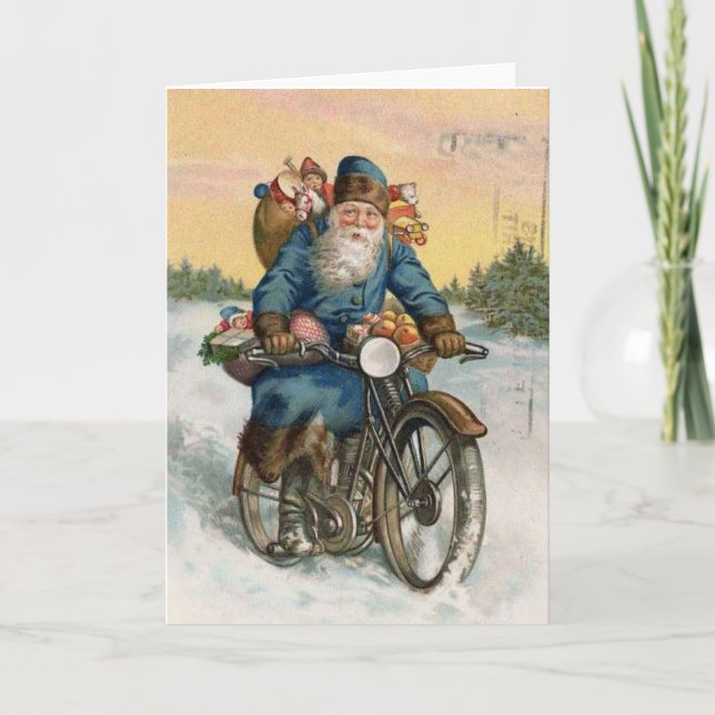Vintage Christmas Card | Santa vintage motorcycle (Front)