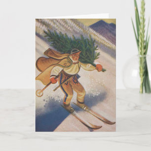 Vintage Christmas Card   Skiing Christmas tree