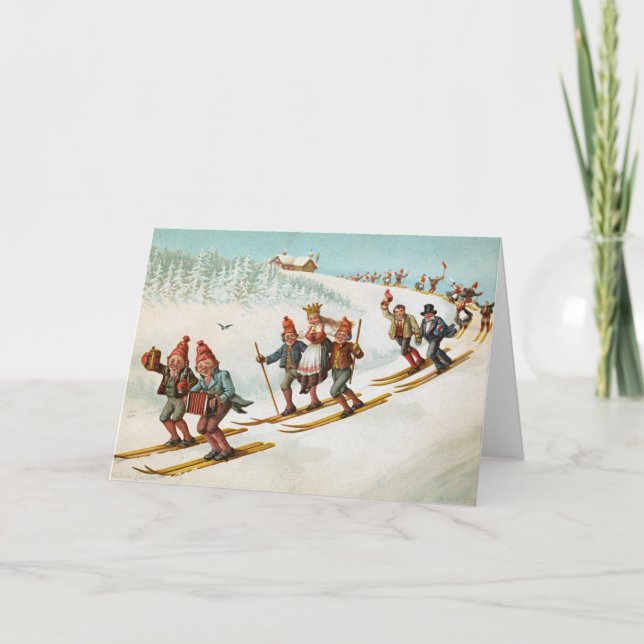 Vintage Christmas Card | Village Gnomes Ski Norway (Front)