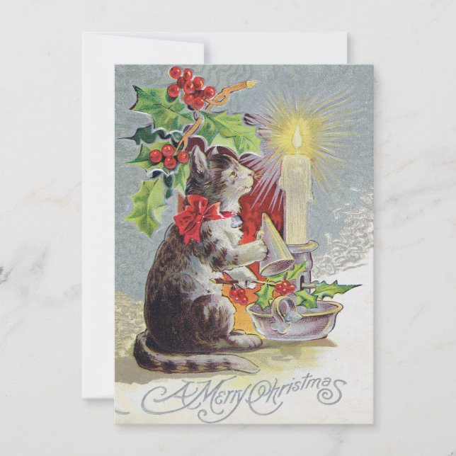 Vintage Christmas Card with a Cat and Holly (Front)