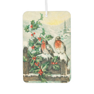 Vintage Christmas Card with Robins, Holly, Church Car Air Freshener