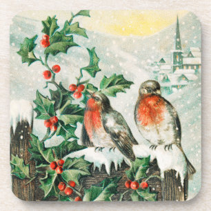 Vintage Christmas Card with Robins, Holly, Church Coaster