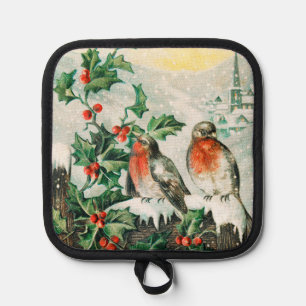 Vintage Christmas Card with Robins, Holly, Church Pot Holder