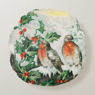 Vintage Christmas Card with Robins, Holly, Church Round Cushion