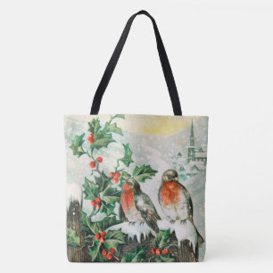 Vintage Christmas Card with Robins, Holly, Church Tote Bag