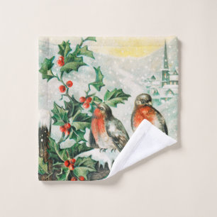 Vintage Christmas Card with Robins, Holly, Church Wash Cloth