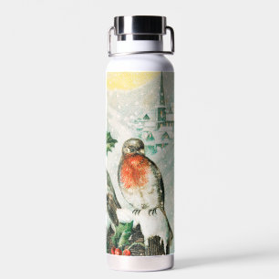Vintage Christmas Card with Robins, Holly, Church Water Bottle