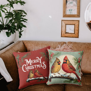 Vintage Christmas Cardinal Birds and Holly Cushion