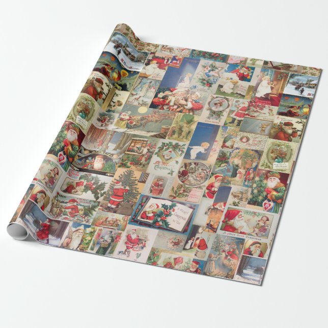 Vintage Christmas Cards Holiday Pattern Wrapping Paper (Unrolled)