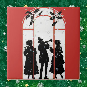 Vintage Christmas Carolers Silhouette Illustration Ceramic Tile