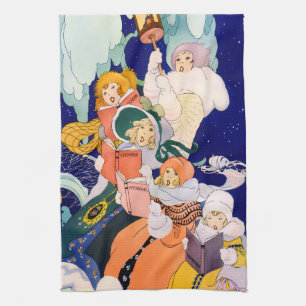 Vintage Christmas Carolers Under the Stars Tea Towel