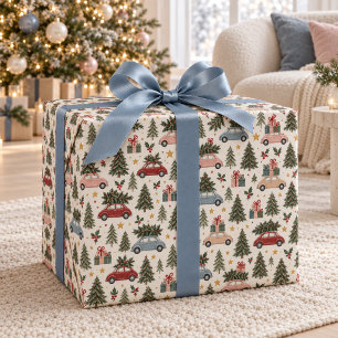 Vintage Christmas Cars & Trees Wrapping Paper
