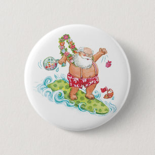 Vintage Christmas Cartoon Surfing Santa Claus 6 Cm Round Badge