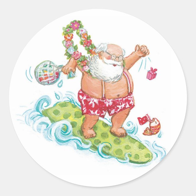 Vintage Christmas Cartoon Surfing Santa Claus Classic Round Sticker (Front)