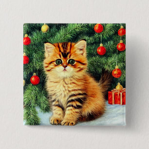 Vintage Christmas Cat 15 Cm Square Badge