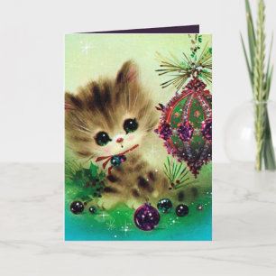 Vintage Christmas cat add message retro card