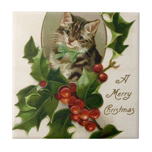 Vintage Christmas Cat Ceramic Tile (Front)