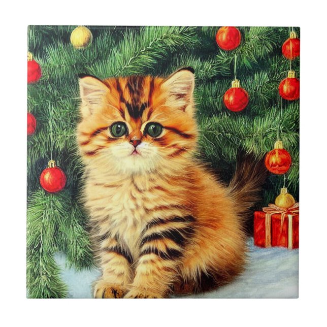 Vintage Christmas Cat Ceramic Tile (Front)