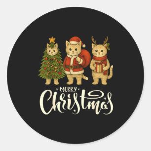 Vintage Christmas Cat Cute Santa Reindeer Xmas Tre Classic Round Sticker