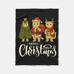 Vintage Christmas Cat Cute Santa Reindeer Xmas Tre Fleece Blanket