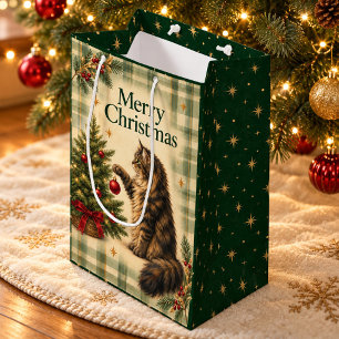Vintage Christmas Cat Gift Bag Green Plaid & Gold