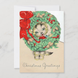 Vintage Christmas Cat Holding Wreath Holiday Card
