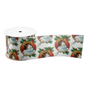 Vintage Christmas Cat Holiday  Satin Ribbon