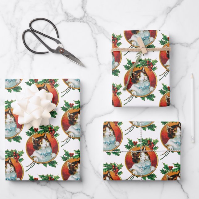 Vintage Christmas Cat Holiday Wrapping Paper Sheet (Front)