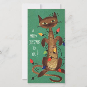 Vintage Christmas Cat In Lights Holiday Card