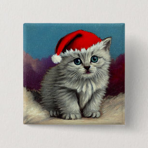 Vintage Christmas Cat in Santa Hat 15 Cm Square Badge
