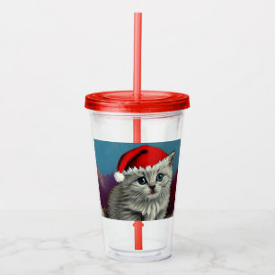 Vintage Christmas Cat in Santa Hat Acrylic Tumbler
