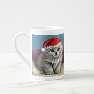 Vintage Christmas Cat in Santa Hat Bone China Mug