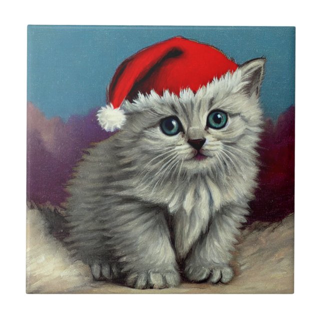 Vintage Christmas Cat in Santa Hat Ceramic Tile (Front)
