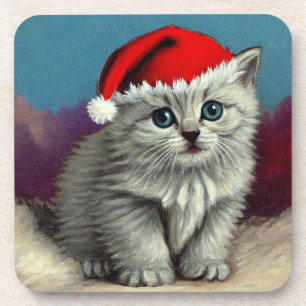Vintage Christmas Cat in Santa Hat Coaster