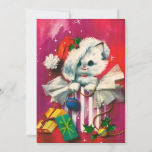 Vintage Christmas Cat in Santa Hat Holiday Card