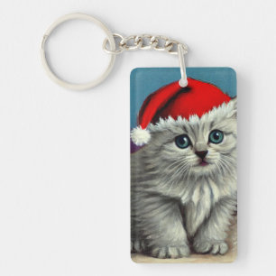 Vintage Christmas Cat in Santa Hat Key Ring