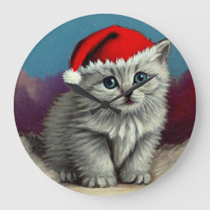 Vintage Christmas Cat in Santa Hat Large Clock