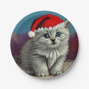 Vintage Christmas Cat in Santa Hat Paper Plate