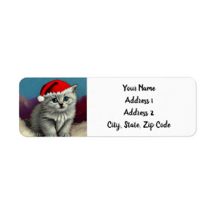 Vintage Christmas Cat in Santa Hat Return Address Label