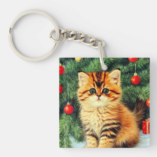 Vintage Christmas Cat Key Ring (Front)
