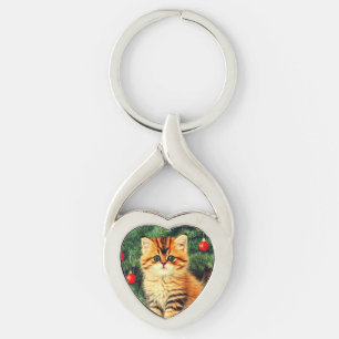 Vintage Christmas Cat Key Ring