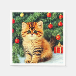 Vintage Christmas Cat Napkin