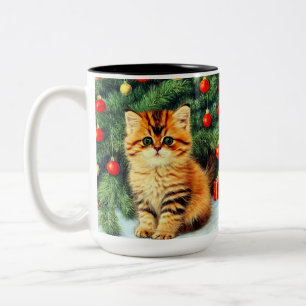 Vintage Christmas Cat Two-Tone Coffee Mug