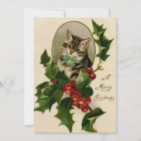 Vintage Christmas Cat with Holly Card